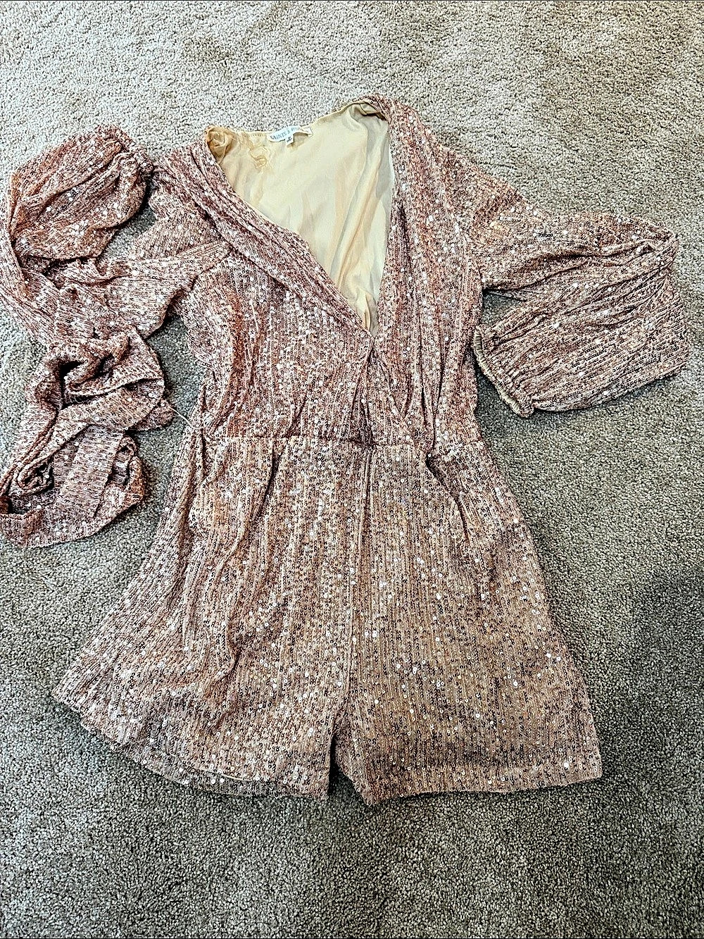 Saints & Hearts Sparkling Rose Gold Sequin Wrap Romper Long Sleeve Tie